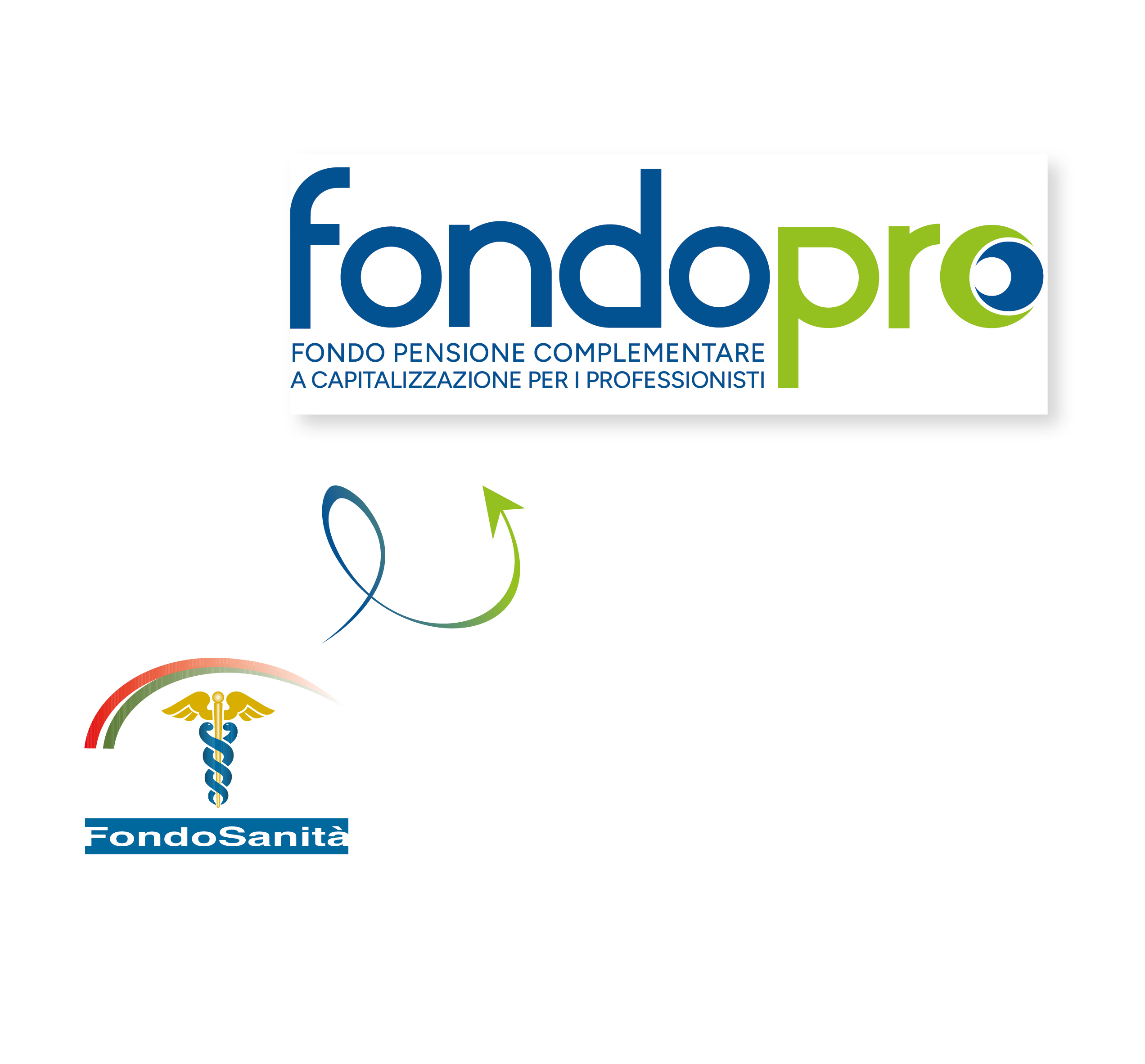 Il logo FondoSanità collegato da una freccia al nuovo logo FondoPro